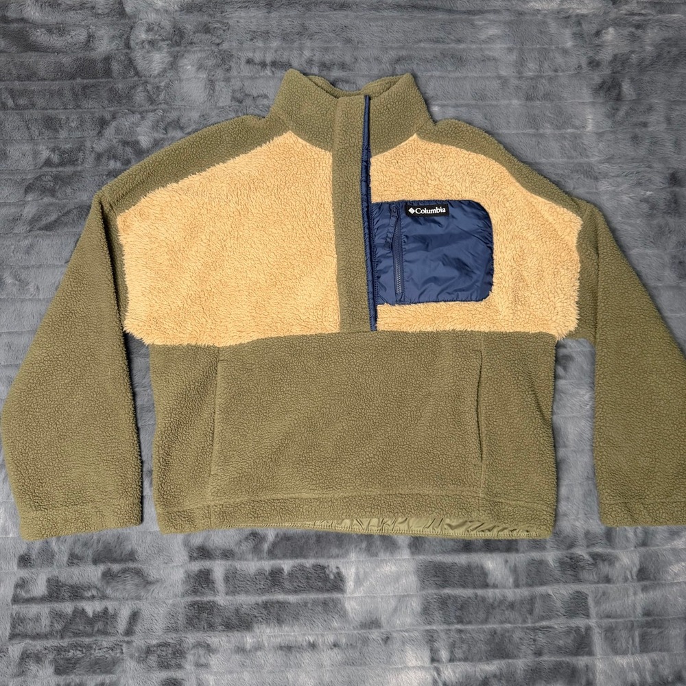 Columbia Helvetia Half Snap Fleece Pullover Mens Large Olive Tan XP3671 Sherpa